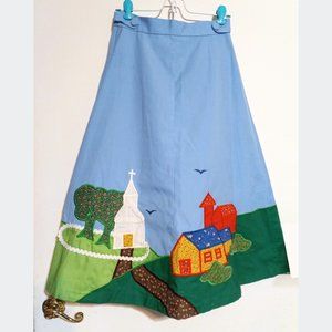 Vintage 70s Blue Wrap A-line Midi Skirt Calico Applique Country Farm Landscape S